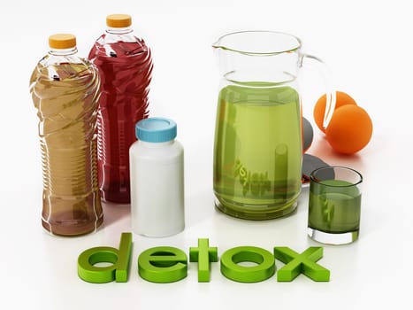 Detox concept with fresh juice bottles, pills and fruits. 3D illustration.