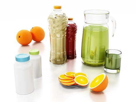 Detox concept with fresh juice bottles, pills and fruits. 3D illustration.