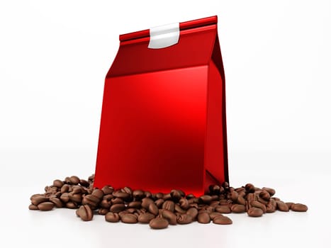 Fresh coffee beans and filter coffee package. 3D illustration.