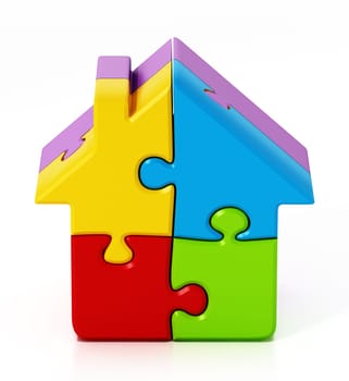 Jigsaw puzzle pieces connected to each other forming a house. 3D illustration.