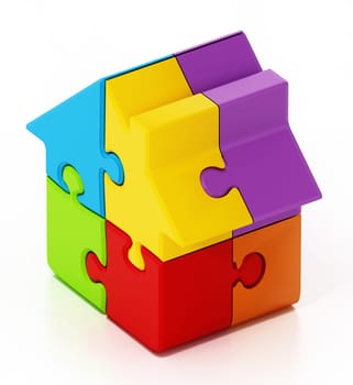 Jigsaw puzzle pieces connected to each other forming a house. 3D illustration.