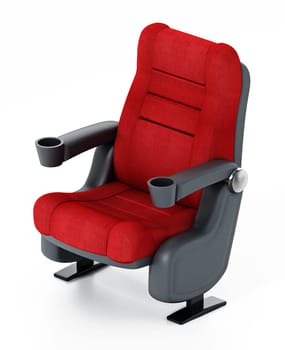 Spotlit red cinema chair with popcorn and soda. 3D illustration.