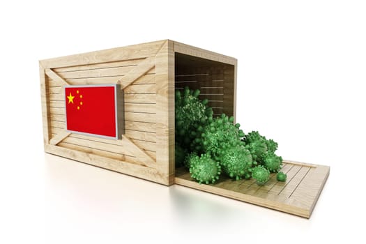 Group of viruses on china map and flag. 3D illustration.