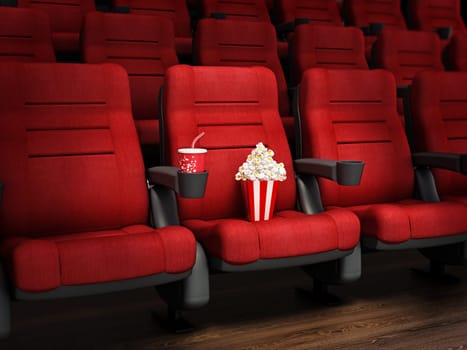 Spotlit red cinema chair with popcorn and soda. 3D illustration.