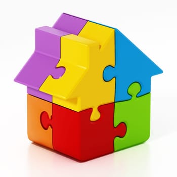 Jigsaw puzzle pieces connected to each other forming a house. 3D illustration.