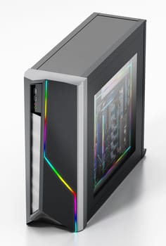 Modern PC case with RGB LED lights. 3D illustration.
