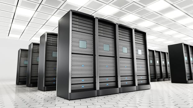 Network servers in a row in the room. 3D illustration.