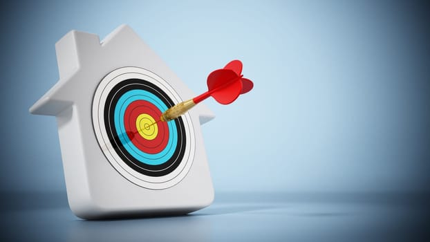 House symbol with dart hit at bull's eye. 3D illustration.