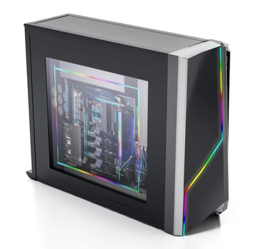 Modern PC case with RGB LED lights. 3D illustration.