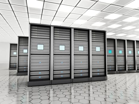 Network servers in a row in the room. 3D illustration.