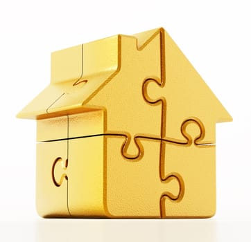 Jigsaw puzzle pieces connected to each other forming a house. 3D illustration.