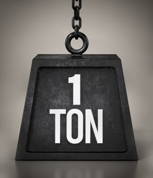 1 ton weight with black chain . 3D illustration.
