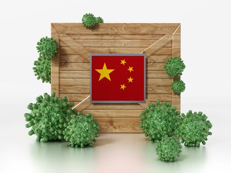 Group of viruses on china map and flag. 3D illustration.