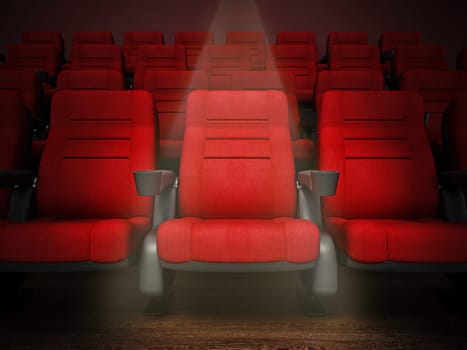 Spotlit red cinema chair in the first row. 3D illustration.
