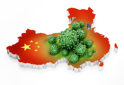 Group of viruses on china map and flag. 3D illustration.