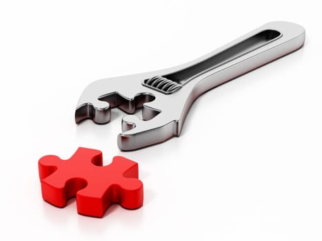 Wrench and puzzle part isolated on white background. 3D illustration.