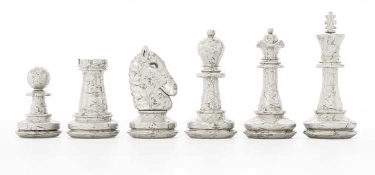 White chess pieces isolated on white background. 3D illustration.