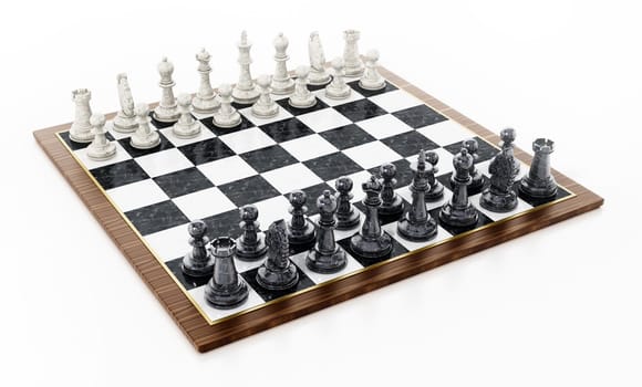 Chessboard with black and white chess pieces isolated on white background. 3D illustration.