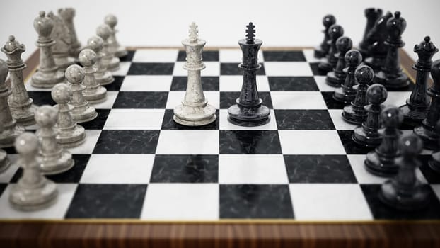 Chessboard with black and white kings facing each other. 3D illustration.