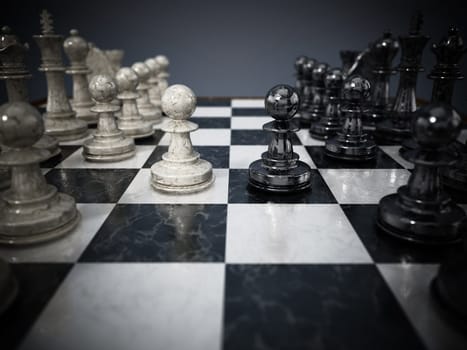 Chessboard with black and white pawns facing each other. 3D illustration.