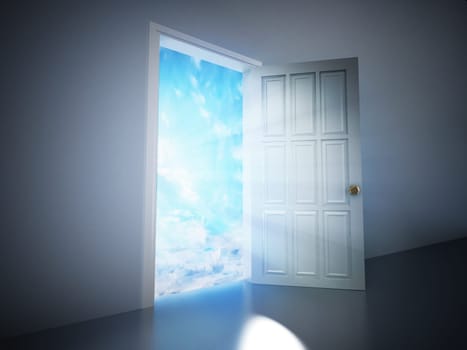 Open door in the dark room leading to the blue sky. 3D illustration.