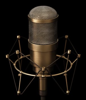 Vintage brass microphone isolated on black background. 3D illustration.