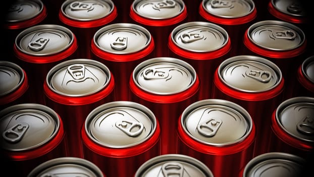 Red cans of soft non alcoholic drinks background. 3D illustration.