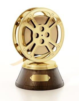 Golden film reel on wooden pedestal. Cinema award. 3D illustration.