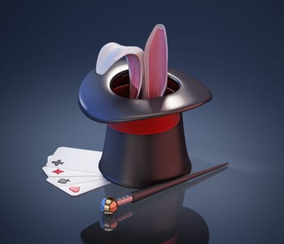 Illusionist hat, stick, playing cards and rabbit ears on black background. 3D illustration.