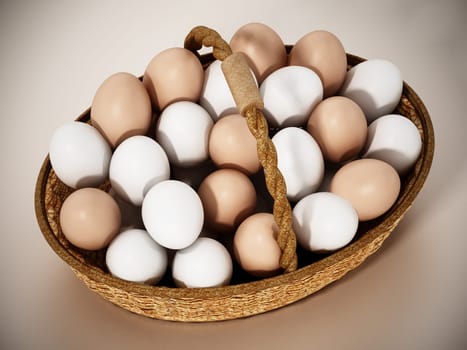 Egg basket full of white and yellow eggs. 3D illustration.