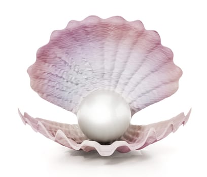 Oyster with a giant pearl isolated on white background. 3D illustration.