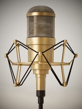 Vintage brass microphone on retro background. 3D illustration.