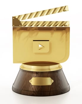 Golden clapboard on wooden pedestal. Cinema award. 3D illustration.