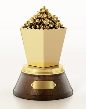 Golden popcorn on wooden pedestal. Cinema award. 3D illustration.