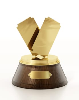 Golden tickets on wooden pedestal. Cinema award. 3D illustration.