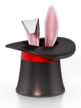Illusionist hat and rabbit ears isolated on white background. 3D illustration.