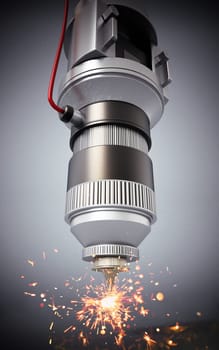 Laser cutter with sparks against dark background. 3D illustration.