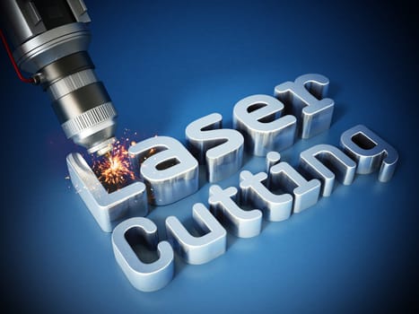 Laser cutter with sparks on laser cutting text. 3D illustration.