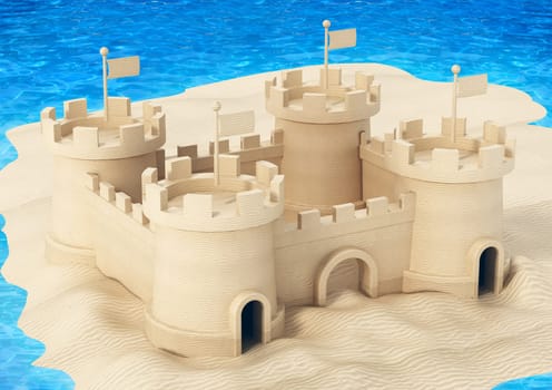 Sandcastle by the water built on the beach sand. 3D illustration.