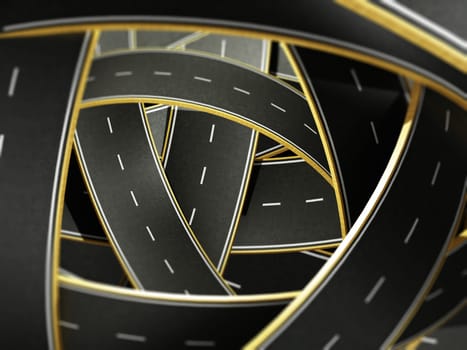 Tangled roads background with depth of field effect. 3D illustration.