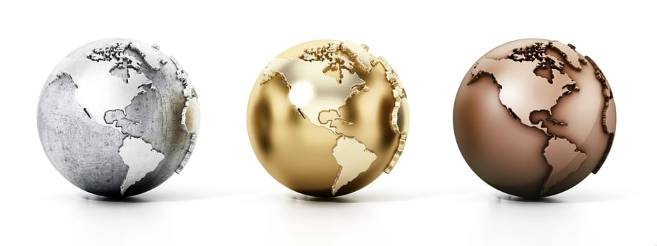 Silver, gold and bronze globes isolated on white background. 3D illustration.
