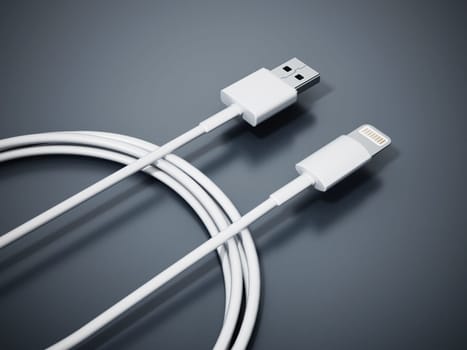 Smartphone charge and data cable isolated on black background. 3D illustration.