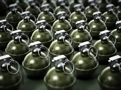 Hand grenades standing on dark background. 3D illustration.