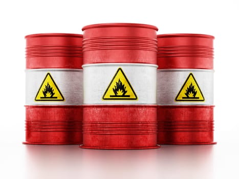 Old barrels with inflammable symbol isolated on white background. 3D illustration.
