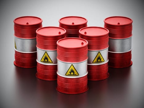 Old barrels with inflammable symbol. 3D illustration.