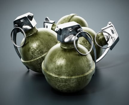 Hand grenades standing on dark background. 3D illustration.