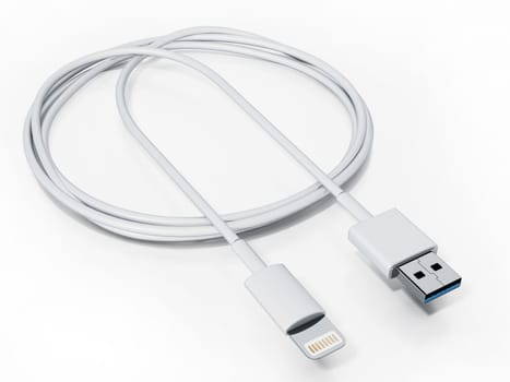 Smartphone charge and data cable isolated on white background. 3D illustration.