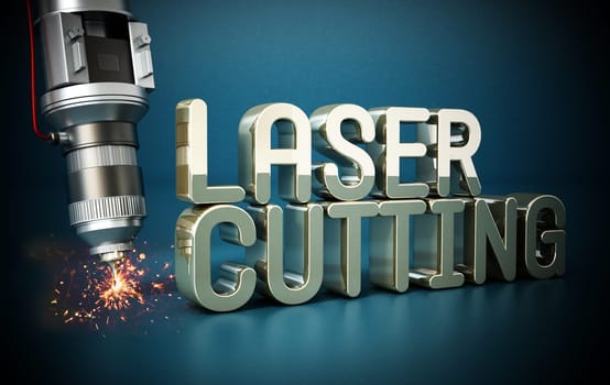 Laser cutter with sparks on laser cutting text. 3D illustration.