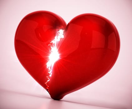 Broken and shattered heart isolated on pink background. 3D illustration.