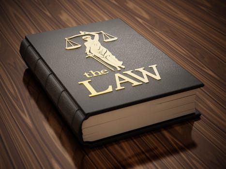 Black book entitled the law standing on the wooden table. 3D illustration.
